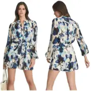 Reiss NWT Tate All Over Print Playsuit Romper Size 8 Long Sleeve Self Tie Sash