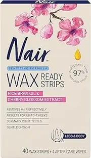 Nair Sensitive Large Hair Remover Wax Strips – For Sensitive Skin, Legs, Underarms and Bikini Area – No Need to Rub, Ready to Use – Natural Derived Formula - 40 Wax Strips 4 after Care Wipes