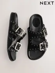 Black Suede Double Strap Eyelet Footbed Sandals (AJ4760) | $84