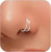 [Aavoein] 1PC Double Layered Nose Ring Suitable for Both Men and Women, 925 Sterling Silver 14K Gold-Plated Hinge Tongue Clip Nose Ring, Silver Gold Nose Ring as a Christmas, Valentine's Day, and Birthday Gift