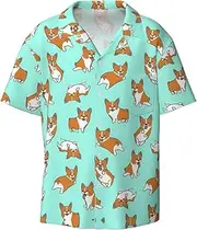 [YANYU] Corgi Cute Dog Print Hawaiian Shirts Men Short Sleeve Button Down Cuban Collar Shirt Summer Beach Days