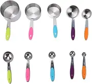 Portion Control Serving Spoons, 10-Piece Set Stainless Steel Measuring Spoons and Cups with Silicone Handle and Removable Buckle, Versatile Baking Tools for Home Cooks