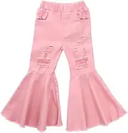 [ICECTR] Toddler Baby Girls Kid Flared Denim Pants Ruffled Wide Legs Ripped Jeans High Waist Bell Bottoms Casual Outfit