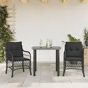 3 Piece Patio Bistro Set, Outdoor Lounge Setting Patio Conversation Set with Cushions, Outdoor Table and Chairs Set Garden Furniture Seating, Black Poly Rattan