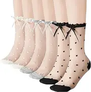 [ecdiykit] 12 Pairs Sheer Socks Women - Lace Trouser Mesh Socks, Summer Ultrathin Crystal Glass Stocking, Sheer Ankle Transparent Fishnet Vintage High Mid Calf Sock for Girls Women White Black Grey
