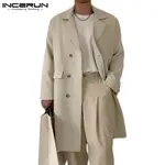 INCERUN 男士韓版時尚長袖雙排扣長款寬鬆風衣外套