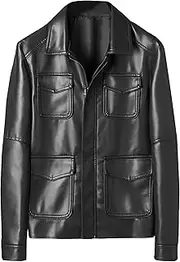 [JEShifangjiusu] Men Artificial Leather Coat Pu Coat Lightweight Shoe Locomotive Jacket With Pocket