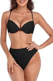 [RELLECIGA] Women's Twist Front High Waisted Bikini Push Up Two Piece Swimsuits