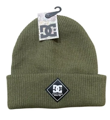 DC Shoes Men's Green Stretch Fit Knit Cuffed Label Beanie Hats Cap - One Size