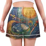 [RPLIFE] Painting Earth Rockets Ship Blue Sleep Shorts for Women, Cute Light Weight Shorts for Women, Summer Pajamas