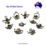 Silver Teapot Tea Cup Charms 3D 10pc Wearable Junk Journalling Planner Scrapbook