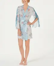 INC Printed Lace-Trim Chiffon Wrap Robe, Cool Breeze Floral, XL