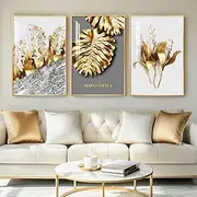Framed Modern Luxury Large Gold Wall Art for Living Room, Set of 3 Piece Contemporary Paintings Artwork for Walls, Golden Leaf Prints with Gold Frame, Pictures for Office Wall Decor - Total 30" x 60"