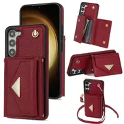 For Samsung Galaxy S24+ Cell Phone Case Card Bag Anti-drop Leather+tpu Cover With Shoulder Strap