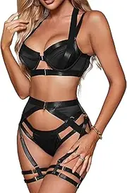 [popiv] Women's Lingerie Sets Thigh Cuff Strappy Lingerie Underwear Set with Garter Belt