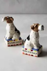 Anthropologie Salt Pepper Shaker DAVID CLEVERLY Set EVERY DOG HAS DAY 3.5"H NWT