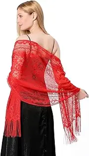 [Huralona] Women Lace Shawls and Wraps for Evening Dress Wedding Bridal Lace Pashmina Scarf for with Fringe for Costume Party