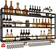 Black Metal Wall Mounted Wine Cabinet with LED Light Large Iron Storage Shelf with Stemware Holder Home Bar Kitchen Organizer Decorative 100x23x90cm