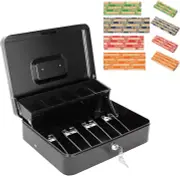 Cash Box with Key Lock and Money Tray Metal Money Box for Cash Register Large
