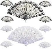 Eidoct 10 Pieces Fabric Folding Fans, Folding Hand Fans, Elegant Vintage Retro Flower Rose Lace Handheld Chinese Folding Fan for Women Hand Craft (White, Black)