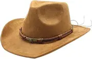 YFVFAGDMKV Solid Color 56-58cm Cowboy Hats Cowgirl Cap for Men and Women Suede Curved Brim Peach Top Ethnic Style Strapping(Khaki)