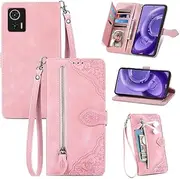 [SATURCASE] Case for Motorola Edge 30 Neo, Flower Embossing PU Leather Flip Magnet Wallet Zipper Pocket Stand Card Slots Lanyard Protective Cover for Motorola Edge 30 Neo (Pink)
