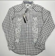 Ed Hardy Long Sleeve Button Shirt L Embroidered Skull Rose Grey Checked Y2K NEW