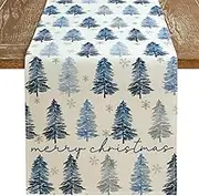 ARKENY Merry Christmas Tree Table Runner 13x48 Inches, Blue Winter Holiday Indoor Outdoor Table Decoration for Home