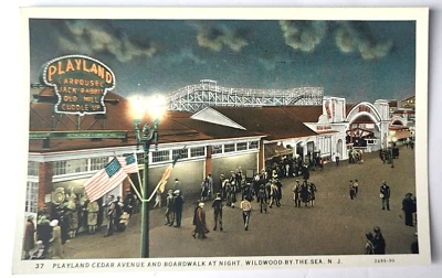 1930 WILDWOOD-BY-THE-SEA NJ PC Boardwalk Playland at NIght Roller Coaster MINT