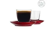 Duralex 12 Piece Gigogne Glass Coffee Cup and Ceramic Saucer Set - Modern Style Tumbler Mug for Latte Cappuccino - Red - 220ml