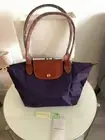Longcamp Le Pliage Medium Size Tote Bag in Bilberry Canvas and brown leather