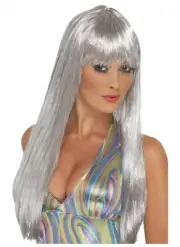 Long Straight Silver Disco Wig with Fringe Pk 1