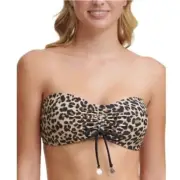 DKNY Leopard Print Stretch Ruched Lined Tie Bandeau Swim Top Black White XL NWT