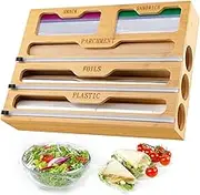 9SHOME Bamboo Food Storage Bag Organiser, 5 in 1 Cling Wrap Dispenser With Cutter For Drawer or Wall Mounted, for Gallon, Quart, Sandwich, Snack Bag, Aluminum Foil