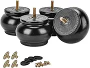 TCHOSUZ 2.4 inch / 6cm Wooden Furniture Legs, Pack of 4 Classic Black Solid Wood Turned DIY Replacement Bun Feet with M8 Hanger Bolts & T-Nuts for Sofa Couch Ottoman Cabinet Table Riser