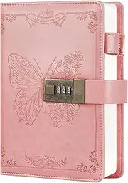 Diary with Lock, Journal for Women Girls, Vintage Lock Journal Refillable Personal Locking Notebook Secret Journal with Combination Lock 5.3inx 7.8in (Pink)