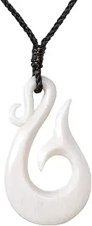 [81stgeneration] Women's Men's Hand Carved Bone Maori HEI Matau Whale Tail Koru Pendant Necklace