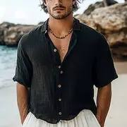 Men's Shirt Linen Shirt Casual Shirt Button Up Shirt Cotton Shirt Plain Vacation Hawaiian Black Short Sleeve Lapel Summer Spring Clothing Apparel
