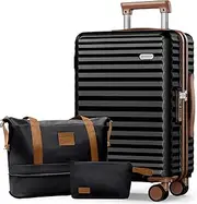 [SHOWKOO] Suitcase Hardside Expandable Luggage Set, Suitcase with Double Spinner Wheels TSA Approved Lock 3 Piece Set Black (DB/TB/28in)