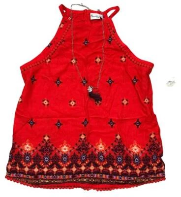 Mudd Boho Style Crochet Trim High Neck Tank Top Red With Elephant Necklace Girls