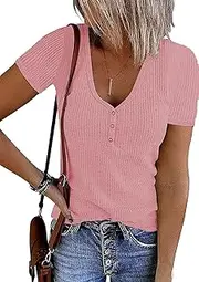 [FANGJIN] Women's Short Sleeve V-Neck Shirt Loose Tops Lightweight Ribbed Knit Button T-Shirts Henley Plain Summer Tops