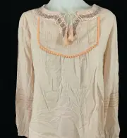 Dex Sheer Lace Embroidered Peasant Blouse Hippie Boho Girl Melon Sz XL $39