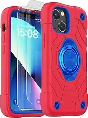 KCJ Compatible with iPhone 13 Case & iPhone 14 Case with [2 x Screen Protectors] [Military Grade Drop Protection] Shockproof Protective Phone Case 6.1 inch (Red+Blue)