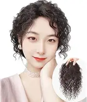 Short Small Curly Wig Natural Human Hair Wig 13 * 14cm Large base Topper Replacement Fluffy Hairpiece Seamless Clip in Top Wiglet for Women(25cmDark brown)