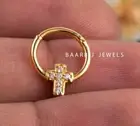14K gold Cross Minimalist Natural Diamond Daith Clicker, Dainty Septum Piercing