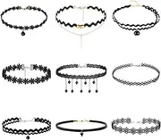 [SYEYCW] 9 Pcs Black Choker, Choker Necklaces for Women, Black Classic Velvet Stretch Gothic Tattoo Lace, Stretch Collar Choker Necklace Set, for Women Girls Hallowenn Party Dress Decorations, Medium,