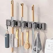 Broom Mop Holder Wall Mounted Broom Hanger Garage Organizer Storage Tool Racks Garage Storage Garden Kitchen Tool Organizer for Home Kitchen Garden Laundry（ 3 Racks 4 Hooks ） (Black Gray)