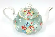 NEW GRACIE SAGE GREEN YELLOW,RED FLOWERS,FLORAL,GOLD TRIM TEA,COFFEE POT,TEAPOT