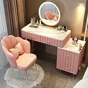 Exquisite Modern Style Dressing Table with Dimmable LED Light Drawer and Stool Bedside Table Desk for Bedroom