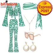 N1528 Green Top 70s Go Go Retro Hippie Groovy Disco Costume Jewellery Glasses